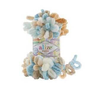 Пряжа Alize Puffy Color/Алізе Пуффі Колор, білий-блакитний-карамель 6530 4674 фото