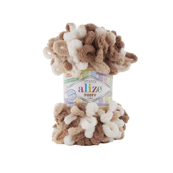 Пряжа Alize Puffy Color/Алізе Пуффі Колор, коричневий-горіх-білий 6398 4680 фото
