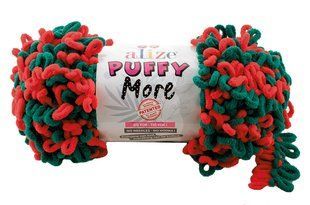 Пряжа Alize Puffy More/Алізе Пуффі Мор, зелений-червоний 6292 6118 фото