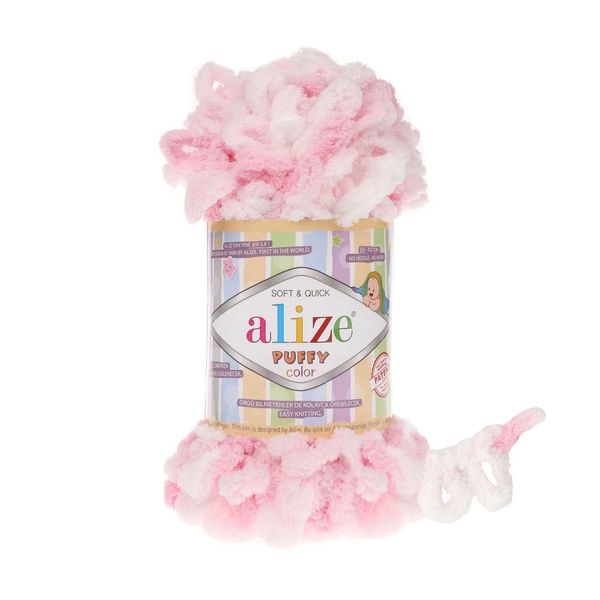 ПРЯЖА ALIZE PUFFY COLOR/АЛІЗЕ ПУФФІ КОЛОР, білий-рожевий 5863 2416 фото